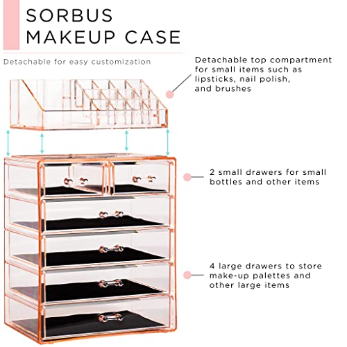 Sorbus Acrylic Makeup Organizer Set, 6-Drawer Vanity & Countertop Cosmetic Storage with Small & Wide Compartments, Pink Makeup Storage for Brushes, Jewelry – Holiday Gift for Women & Teens - color: Pink, size: 4 Large, 2 Small Drawers
