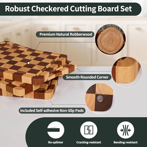 WILLKOMMEN Checkered Cutting Board Set, 3-Piece Wood Checkerboard End Grain Chopping Boards with Holder & Juice Groove Wooden Kitchen Cutting Board for Cooking and Serving (S, M, L) - style: Checkerboard set of 3