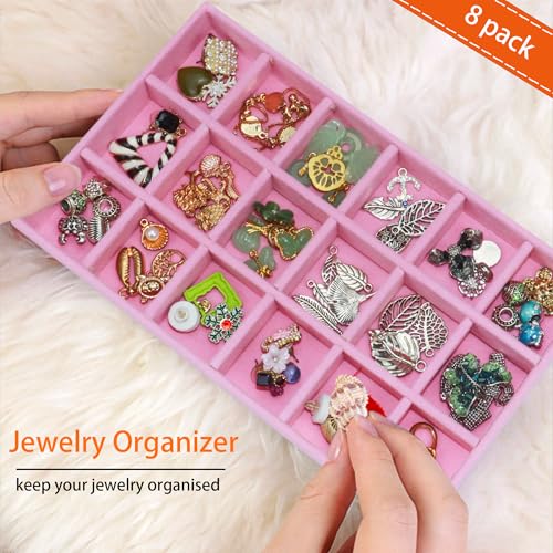 8 Pack Jewelry Organizer Tray, Stackable Velvet Jewelry Storage Box 18-grid Earring Holder Dresser Drawer Organizer for Earring Necklace Ring, Total 144 Grids - color: Pink