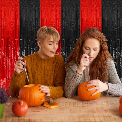 5 Pack Black and Red Backdrop Party Decorations Tinsel Curtain Halloween Party Streamer Foil Fringe Birthday Decorations Photo Booth Fancy Ball Christmas New Year Graduation Party Decor Decor - color: Black Red, size: 39.4"w X 78.7"l (Pack of 5)