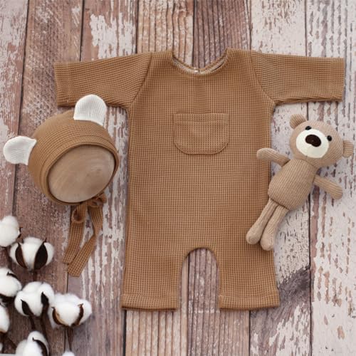 Newborn Baby Photo Shoot Props Girl Boy Crochet Knit Hat Costume Stripe Hat Pants Overalls Photography Props - color: Camel