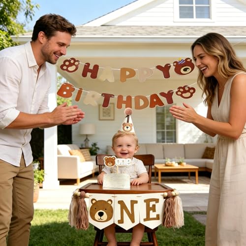 1st Birthday Decorations For Boy Girl - Bear Birthday Party Decorations With Felt Happy Birthday Banner, Birthday High Chair Banner, Cake Topper & Party Hat, First Birthday Decor Kit For Baby Shower - color: Bear