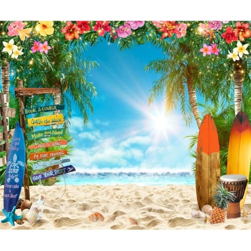Beach Backdrop Hawaiian Luau Party Decorations Vinyl 10x8ft Summer Tropical Backdrop Banner Ocean Surfboard Palm Colorful Flowers Photography Background Cake Table Photo Studio Props - color: Blue Green, size: 10x8ft