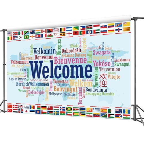 International Flag Backdrop 7Wx5H Feet Polyester Fabric World Map Welcome Banner Colorful Decoration Country Sports Events Favors Club Photography Background Photo Shoot Props - color: A-11Welcome, size: 7Wx5H