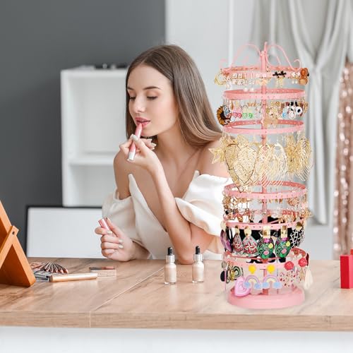17Dec 6 Tier Rotating Jewelry Organizer Stand, 230 Holes Earring Holder Organizer for Women Girls, Spinning Earring Tree with Ring Holder, Wide Base for Bracelets Watches Lipstick - color: 6-Tier Earring Tower,Pink