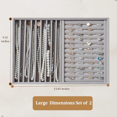 Large Velvet Jewelry Tray 2 Pack Stackable Jewelry Display Drawer Inserts Trays Organizer for Earring Bracelet Necklace Ring (Gray, Ring and 9 Grids) - color: Gray, size: Ring and 9 Grids