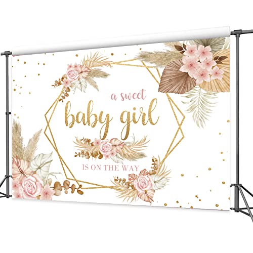 Baby Shower Girl Boho Bohemian Floral Sweet Baby Backdrop 7Wx5H Feet Polyester Fabric Blush Pink Flower Pampas Grass Gold Party Decoration Newborn Photography Background Photo Shoot Prop - color: 01Baby Shower, size: 7Wx5H