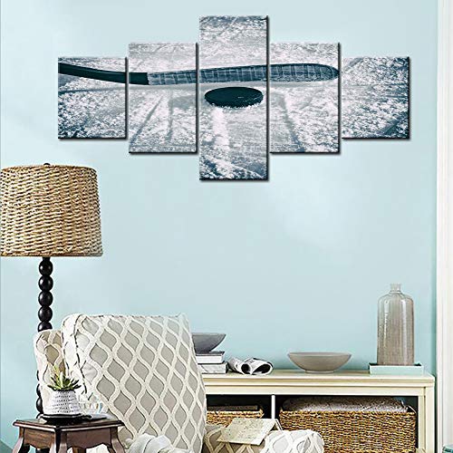 5 Piece Canvas Wall Art Ice and Snow Hockey Sports Poster Hockey Stick and Puck on the Ice Rink Giclee Wall Decorations for Living Room High Definition Printed Wooden Framed Ready to Hang(50''Wx24''H) - color: Artwork-33, size: 50''W x 24''H