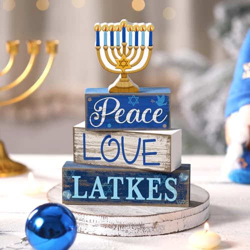 Lineshading 4 Pcs Hanukkah Decorations for Home Chanukah Table Decor Wooden Menorah Decoration Hanukkah Centerpiece Rustic Menorah Block Signs Jewish New Year Decoration for Home Tiered Tray Decor - style: Candlestick