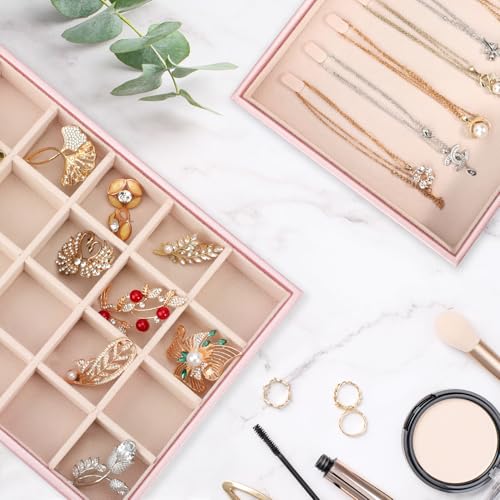 Voova Stackable Jewelry Organizer Tray with Lid, PU Leather Jewelry Storage Holder for Drawer Inserts, Jewellery Display Box Case for Earring Necklace Ring Watch Bracelet (Set of 4, Rose Gold) - color: Rose Gold
