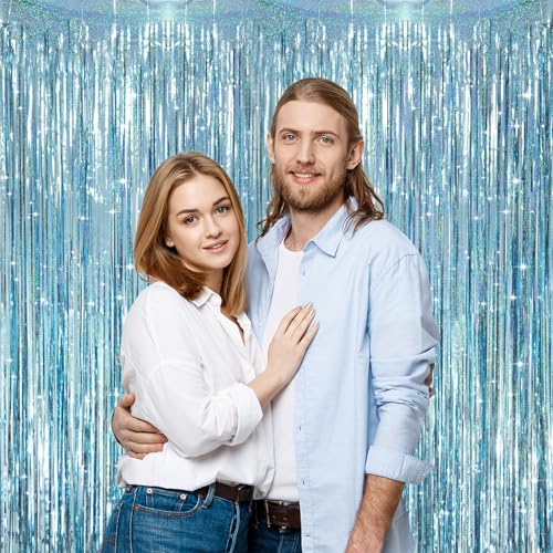 Voircoloria 2 Pack Laser Light Blue Foil Fringe Curtains, Tinsel Streamers Birthday Party Decorations, Fringe Backdrop for Kids Birthday, Sea, Blue Theme Party - color: 40 Laser Light Blue