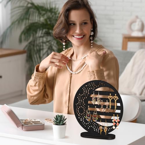 Kathfly Large Boho Moon Earring Display Stand for Mother's Gift 10 Inch Wooden Floral Goth Earrings Stud Jewelry Holder Organizer Dangle Hanging Holder Gift for Women(Black) - color: Black