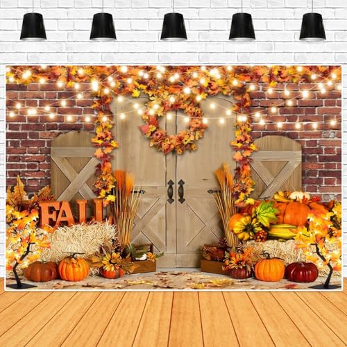 Fall Thanksgiving Backdrop Harvest Red Wall Rustic Farm Door Pumpkin Sunflower Autumn Nature Scenery Photography Background for Portrait Photoshoot Photo Studio 5X3FT - color: Fall 005, size: 5x3ft