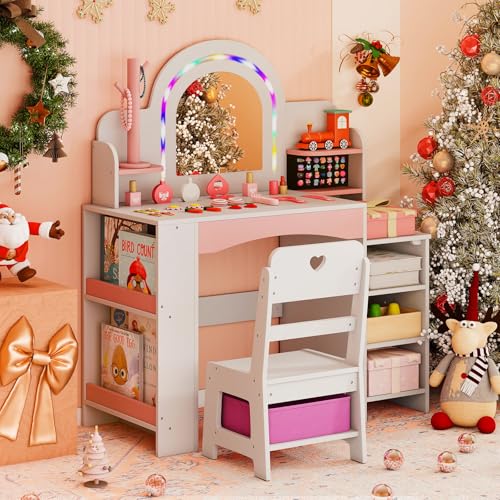 Costzon Kids Vanity, Girls Vanity Set with Lighted Mirror, Bookshelf, Jewelry Storage, Toddler Makeup Vanity Desk Dressing Table, Wooden Kids Vanity Table and Chair Set (White) - style: White