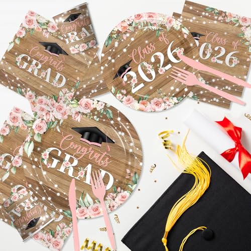 Class of 2026 Graduation Party Supplies,144Pcs Pink Floral Graduation Party Plates and Napkins Class of 2026 Congrats Grad Tableware Decorations for High School College Party Serve 24