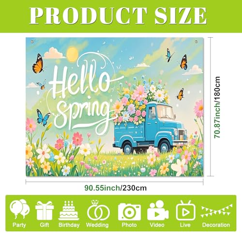 BlissYard Hello Spring Backdrop Decoration Garden Floral Banner 8x6ft Spring Photo Backdrop Vintage Truck Background for Spring Party Easter Celebration Photo Booth Event Wall Display - color: Hello Spring Backdrop#04