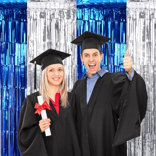 6Pack 3.3Ft x 6.6Ft Graduation Foil Fringe Curtain Backdrop Decorations, Blue Silver Metallic Tinsel Foil Streamers Curtain Photo Booth Background for Graduation Prom Wedding Birthday Party Decoration - color: Blue Silver