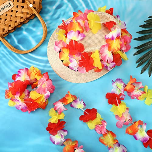 24 Counts Hawaiian Leis Necklace Tropical Flower Lei Floral Luau Party Decorations Hawaiian Flower Luau Necklaces Hula Dance Garland Headbands for Beach Birthday Wedding Party (Multi Colors) - color: Multi Colors