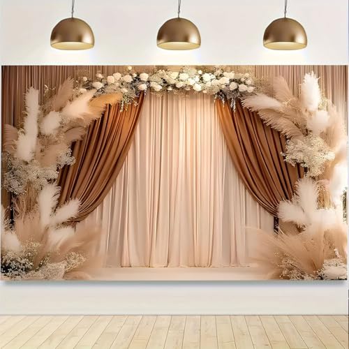 Bohemian Backdrop Beige Curtains Background Pampas Grass Floral Interior Decoration Girl Birthday Party Wedding Pregnant Portrait Photo Newborn Baby Photo Studio Props (7X5FT) - size: 7X5FT