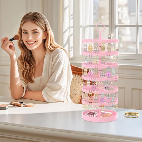 iDavosic.ly 6 Tier Rotating Earring Holder Organizer with Metal Tray, Adjustable Plastic Dangle Display Stands Tree with 342 Grooves, Large Hoop Storage Rack Tower, Pink - color: Candy Pink, size: 6 Tiers