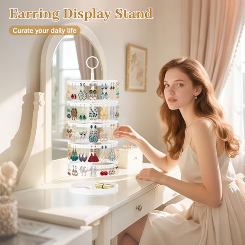 MODOWEY 5 Tier Rotating Earring Holder Organizer, Adjustable Display Tree with Metal Tray, 220 Holes Jewelry Rack for Pierced Stud Hoop Dangle, Large Capacity Space-Saving Stand for Women (White) - color: Cloud White, size: 5 Tier, 220 Holes