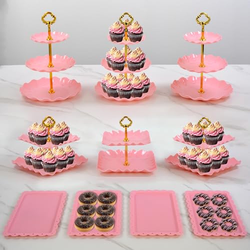 Pack of 11 NWK Cake Stand Set, with 3 x Two-Tier and 3 x Three-Tier Cupcake Stands, 4 x Appetizer Trays, 1 x Tablecloth for Birthday Bridal Baby Shower Party (Pink) - color: Pink