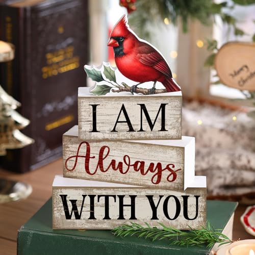 4 Pieces Cardinal Gift Decorations Wooden Red Cardinal Sign for Loss of Loved One Tiered Tray Decor I Am Always with You Sign Sympathy Remembrance Memorial Gifts for Home Kitchen Shelf Tabletop - style: Cardinal
