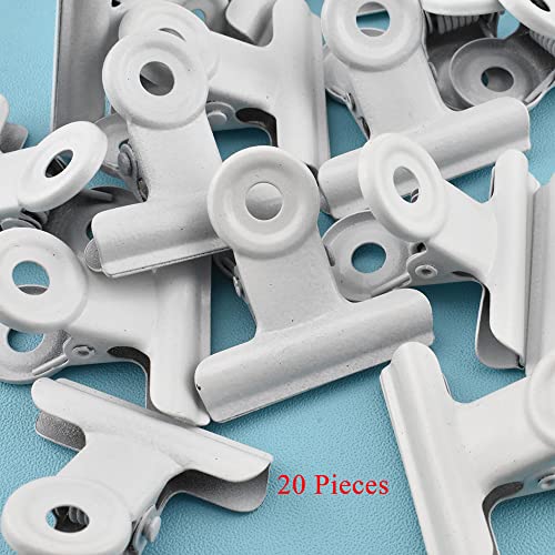 HAHIYO 1.25inch White Bulldog Clips Metal File Hinge Binder Clips Clamps Save Space Strong Spring Jaws Rock Solid Grip Book Lay Flat Deburred Edge for Hang Photos Wall Grid Dog Food 20PCS - size: White-1.25in-20P