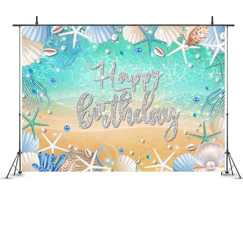 Beach Ocean Backdrop 7Wx5H Feet Fabric Polyester Summer Happy Birthday Coastal Beachy Sea Blue Starfish Seashell Mermaid Diamonds Pearl Photography Background Banner Photo Shoot Decor Prop - color: B 01beach, size: 7Wx5H