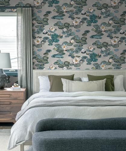 Vinjiasin Floral Peel and Stick Wallpaper Boho Grey and Green Oil Painting Wall Paper Vintage Lotus Contact Paper Removable Wallpaper for Bathroom Bedroom Accent Wall Vinyl Roll 17.3''×197'' - color: Grey and Green, size: 17.3" x 197"