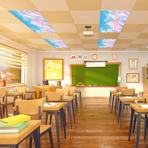 Outus Fluorescent Light Cover Classroom Lighting Cover with 10 Magnets Light Filter Magnetic Ceiling Panel Decoration 2 x 4 ft (23.62 x 47.24 In) Reduce Glare for Office School(4,Pink Cloud) - style: Pink Cloud