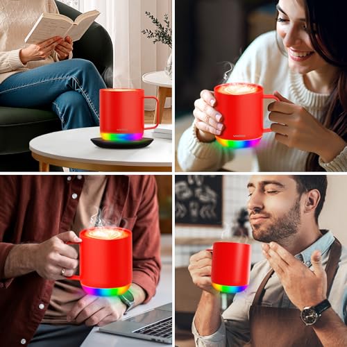 Vsitoo S6 Plus Smart Coffee Mug, 12oz,Temperature Controlled Mug & Electric Coffee Mug with Music Sync Lights,Auto-Sensing AI Heats Drinks to 120-150°F Hands-Free. Ideal for Home/Office/Gifts - Red - color: Red