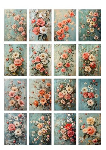 Decoupage Paper Pack (35 Sheets 6"x8") Floral Charm: Soft Peach and White Flowers nestled Against Textured Vintage Blue Backgrounds, evoking Elegance and Nostalgia FLONZ Vintage - color: Five