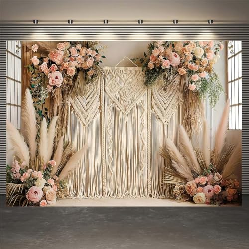 Bohemian Pampas Grass Art Photography Backdrops Retro Boho Flowers Window Photography Background Bohemian Room Backdrops Adult Birthday Wedding Maternity Portrait Decor Backdrop (7x5feet) - size: 7x5feet