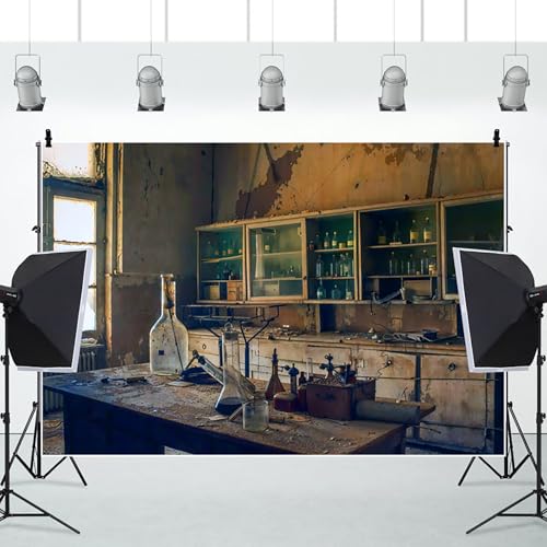 Renaiss 6x4ft Abandoned Chemistry Lab Backdrop Laboratory Science Potions Room Photo Background Old School Laboratory Boys Childs Science Lab Theme Party Decorations Kids Photo Props Fabric - color: Shabby-1, size: 6x4ft