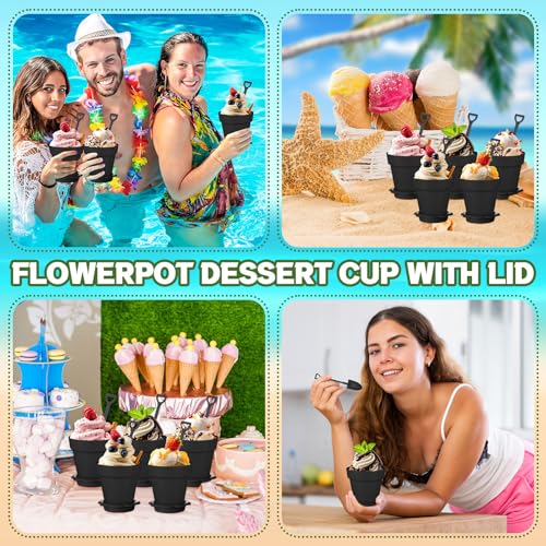 Honeydak 25 Pack Flowerpot Dessert Cup Plastic Cake Cups with Lid Shovel Spoon Mini Flower Pot Dessert Cups Ice Cream Yogurt Cupcake Holder Containers for Birthday Party Supplies DIY Baking (Black) - color: Black