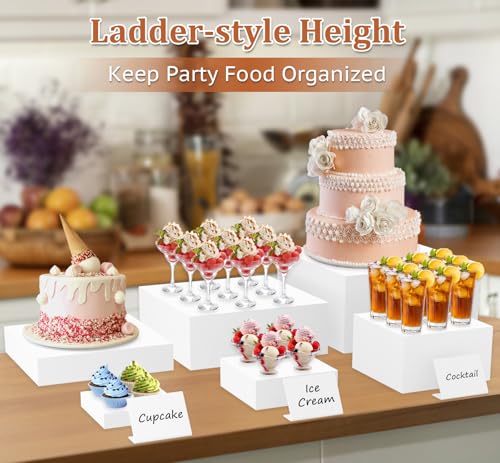SUNEZLGO 8PCS Buffet Risers, Acrylic Large Food Risers with Mini Signs, Buffet Table Acrylic Cube Display Stands Box Risers for Party Catering Dessert Jewelry Nesting Risers with Hollow Bottom White - color: White