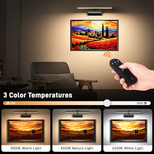 Picture Light, 15.35inch Wireless Picture Lights for Wall Rechargeable, 5400mAh Battery Wall Light with Remote, 3 Color Art Lighting for Paintings with Timer and Dimmable for Display, Gallery (Black) - color: Black, size: 15.35inch-1pack