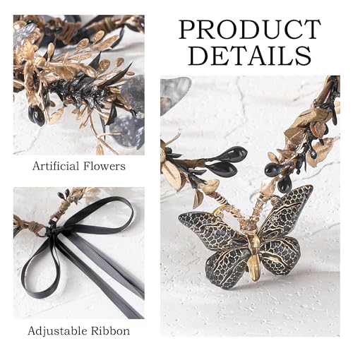 MOSTORY Handmade Fairy Butterfly Crown - Elf Flower Hadpiece Elven Headband for Women s Spring Wedding Maternity Shoot - color: Black-gold