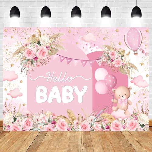 5x3ft Hello Baby Backdrop Pink Gold Boho Floral Bear Baby Shower Photography Background Balloon Stars Clouds Banner Decorations Welcome Newborn Celebration Party Portrait Photo Booth Prop - color: color 2, size: 5x3ft