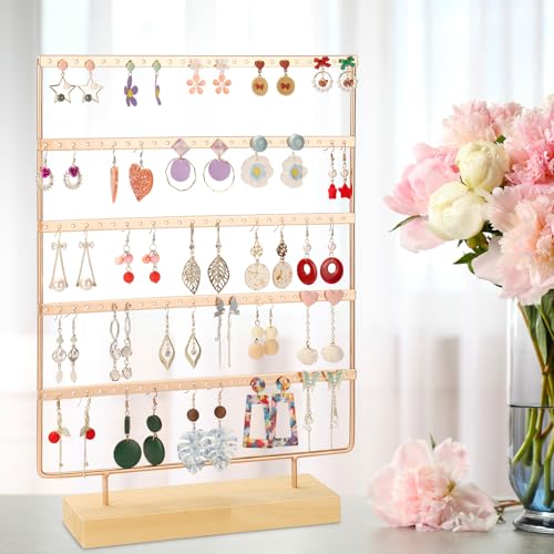 Jewelry Organizer, 5 Tiers Earring Organizer with 120 Holes for Storing and Displaying Earrings of Various Styles, Models and Sizes, Removable Wooden Base for Home and Store Use - color: Rose Gold