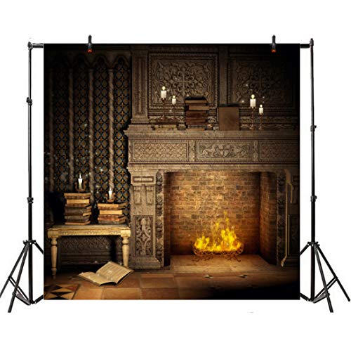 Laeacco Fantasy Room Interior Backdrop 5x5ft Vinyl Photography Background Flame and Fireplace Magical Books Candle Retro House Background - size: 5x5ft