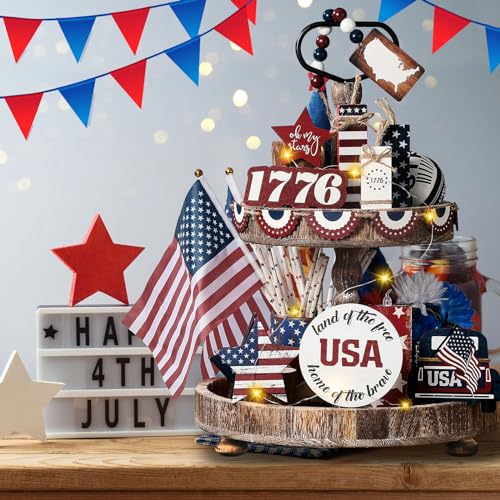 FoldTier 18 Pcs 4th of July Tiered Tray Decor Set Rustic Patriotic Independence Day Decoration Glow Vintage Farmhouse 4th of July Tiered Tray Sign Wooden Red White Blue Decor for Table(USA) - style: USA