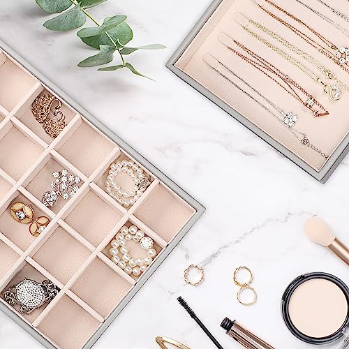 Voova Stackable Jewelry Organizer Tray with Lid, PU Leather Jewelry Storage Holder for Drawer Inserts, Jewellery Display Box Case for Earring Necklace Ring Watch Bracelet (Set of 4, Grey) - color: Grey