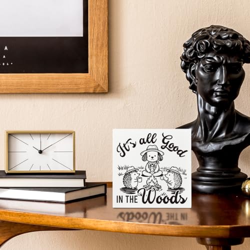 Farmhouse Shelf Decor Wood Sign, It’s All Good in the Woods Camping Theme White Wooden Block Plaque for Cabin Desk Tabletop Display Rustic Home Accent 5x5 Inches Gift