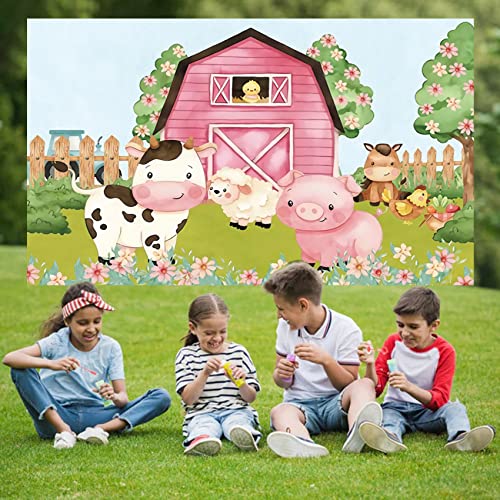 5x3ft Cartoon Farm Animals Party Backdrop Pink Barn Girl Baby Shower Birthday Photography Background Farmland Animals Cows Pigs Barnyard Backdrop Banner Cake Table Decoration Photo Booth Props - size: 5x3ft