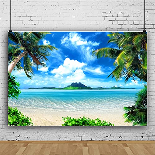 5x3ft Tropical Beach Decorations Backdrop Hawaiian Ocean Summer Palm Trees Leaves Blue Sky Background Hawaii Luau Party Seaside Island Wedding Birthday Party Banner Photo Booth - color: Green, size: 5x3ft