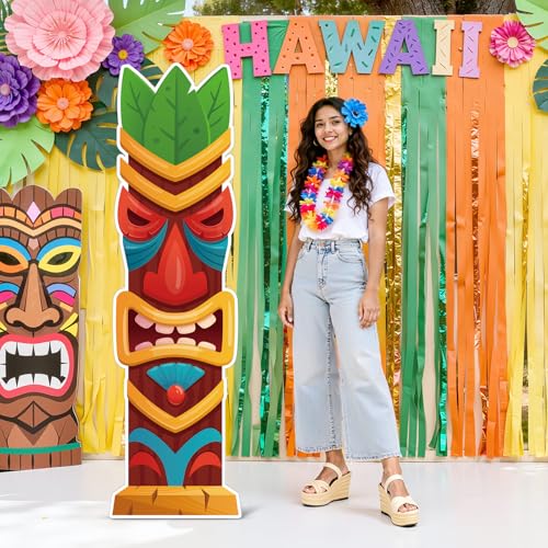 Yalikop 6 Ft Hawaii Tiki Cardboard Cutout Stand Up Photo Prop - Hawaiian Tropical Party Decorations Standee Tiki Totem Foam Board for Garden Yard Sign Decor Summer Luau Photography Background - style: Tiki Style 1