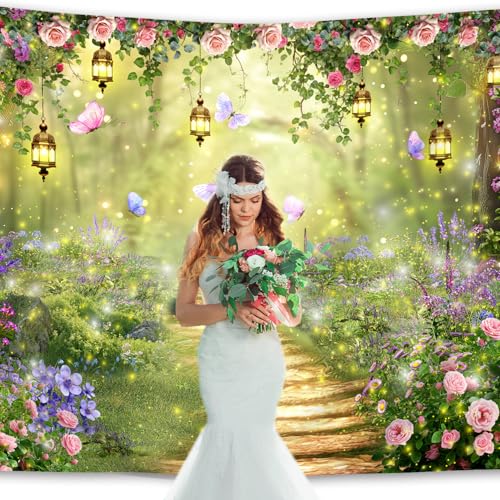 Fairy Wonderland Tale Backdrop 7Wx5H Feet Greenery Enchanted Woodland Garden Polyester Fabric Pink Purple Flower Floral Butterfly Photography Backgrounds Photo Shoot Decor Props Decoration - color: A-Fairy04, size: 7Wx5H