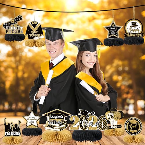 10PCS Graduation Party Decorations Class of 2026 Congrats Grad Table Centerpieces Congratulate Graduation Honeycomb Table Toppers for Graduation Party Supplies(Black Gold) - color: Gold Black
